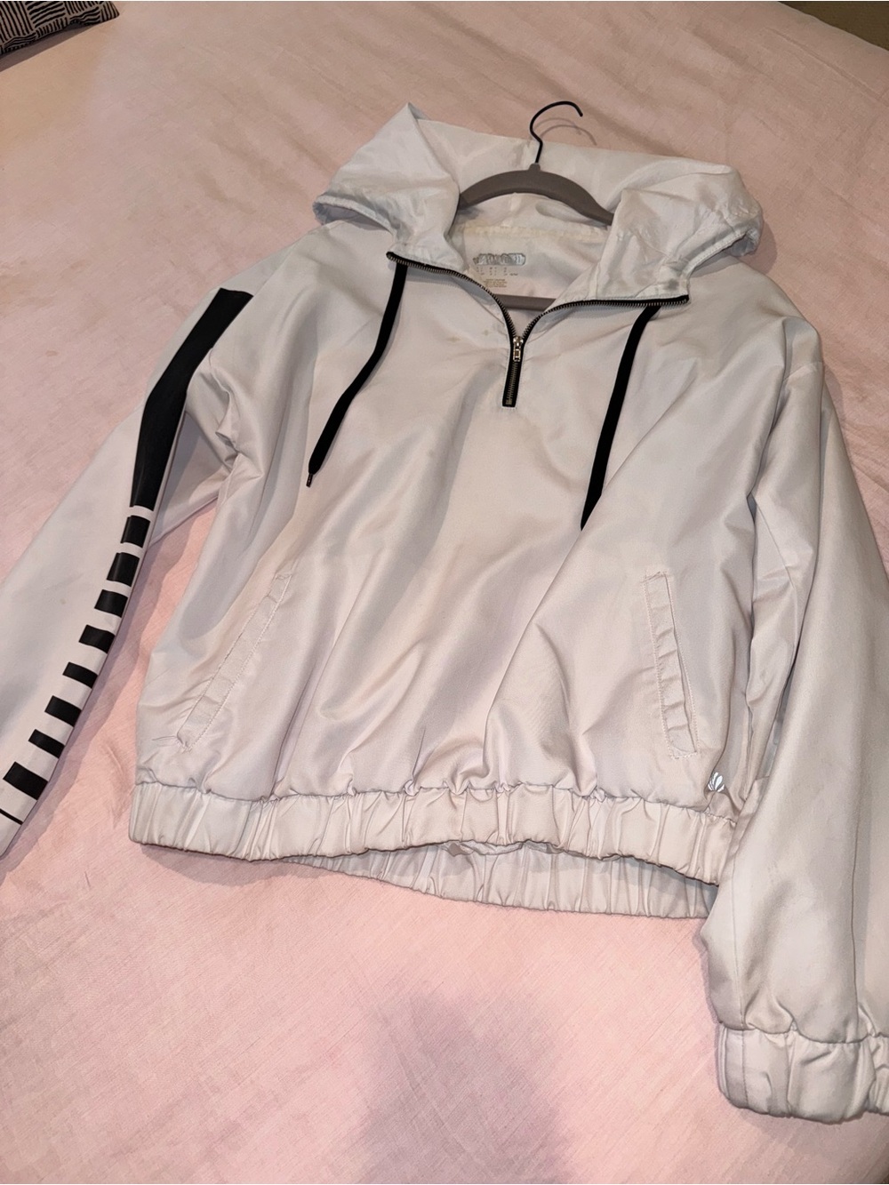 Forever 21 White Hooded Quarter-Zip Anorak with Black Trim